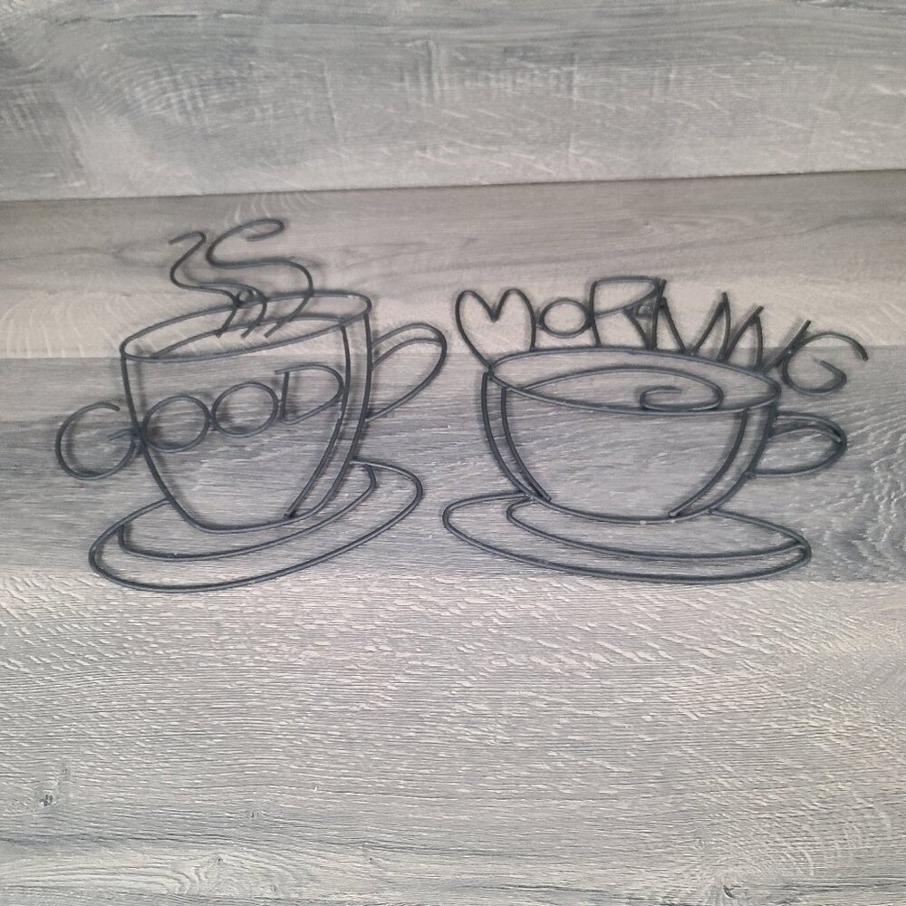 Vtg Set of 2 Coffee/Tea Cups "Good Morning" Sculpted Metal Wire Wall Art